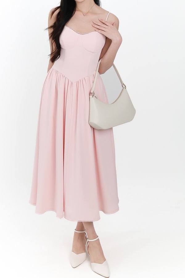 Theresa Trimmings Midaxi Dress in Pastel Pink