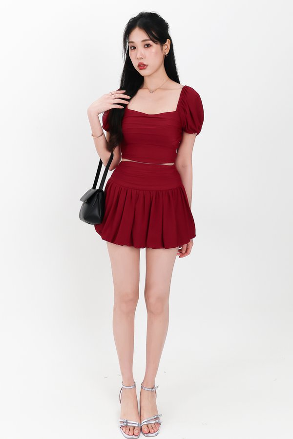 Marcey Mesh Co-ord Sleeved Set in Dark Red