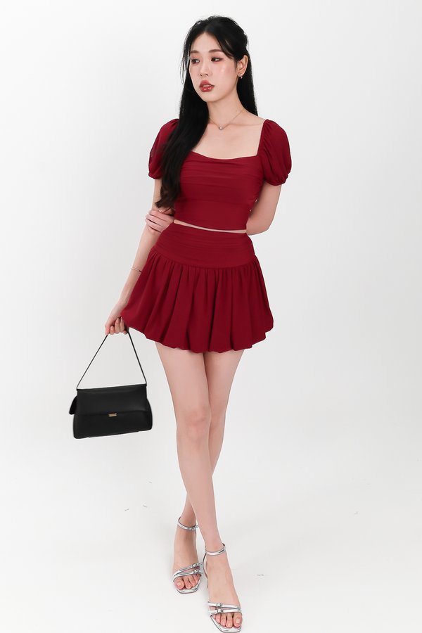 Marcey Mesh Co-ord Bubble Skorts in Dark Red