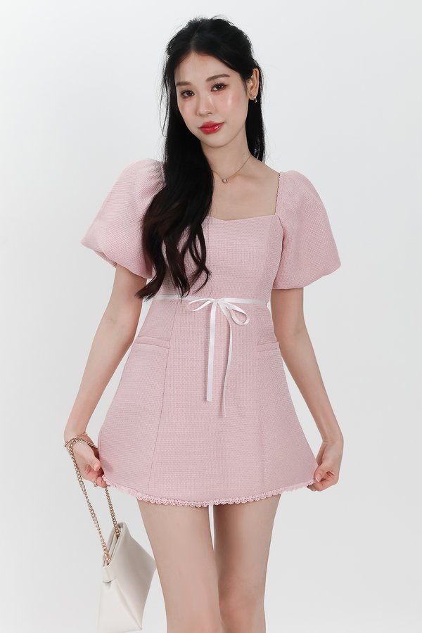 Tia Tweed Sleeved Romper Dress in Light Pink