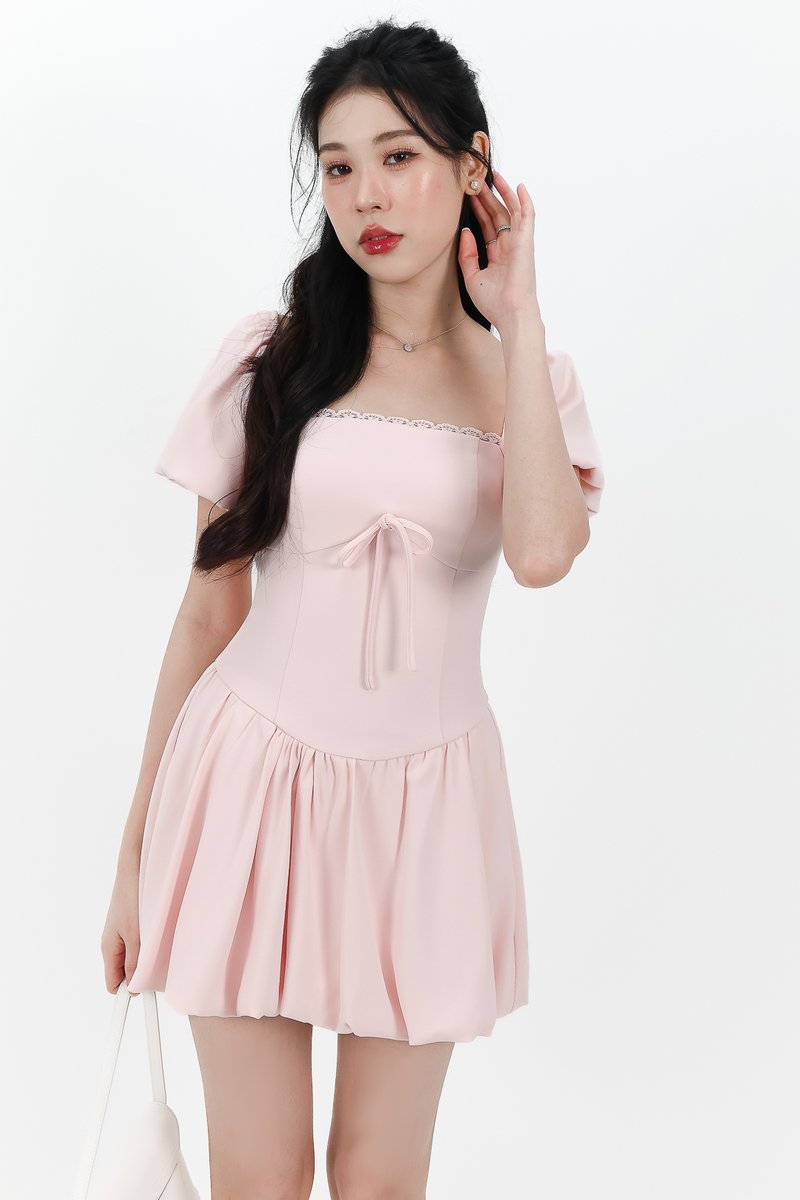 Skyler Sleeved Bubble Romper Dress in Pastel Pink