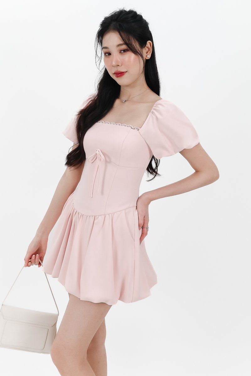 Skyler Sleeved Bubble Romper Dress in Pastel Pink