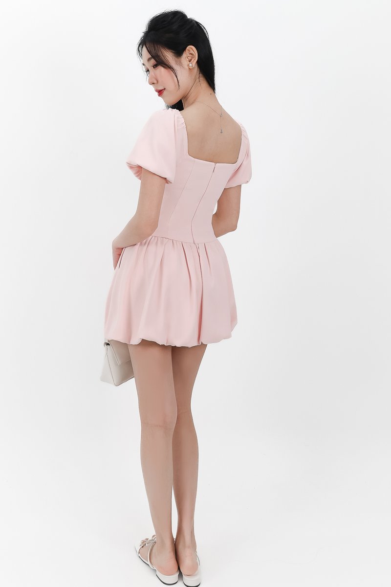 Skyler Sleeved Bubble Romper Dress in Pastel Pink