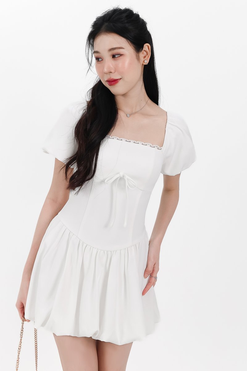 Skyler Sleeved Bubble Romper Dress in White