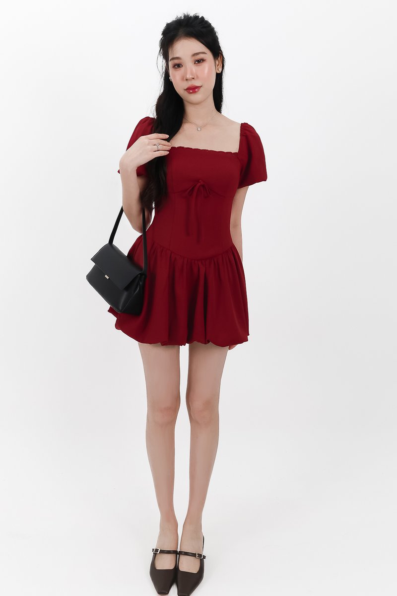 Skyler Sleeved Bubble Romper Dress in Dark Red Skyler Sleeved Bubble Romper Dress in Dark Red