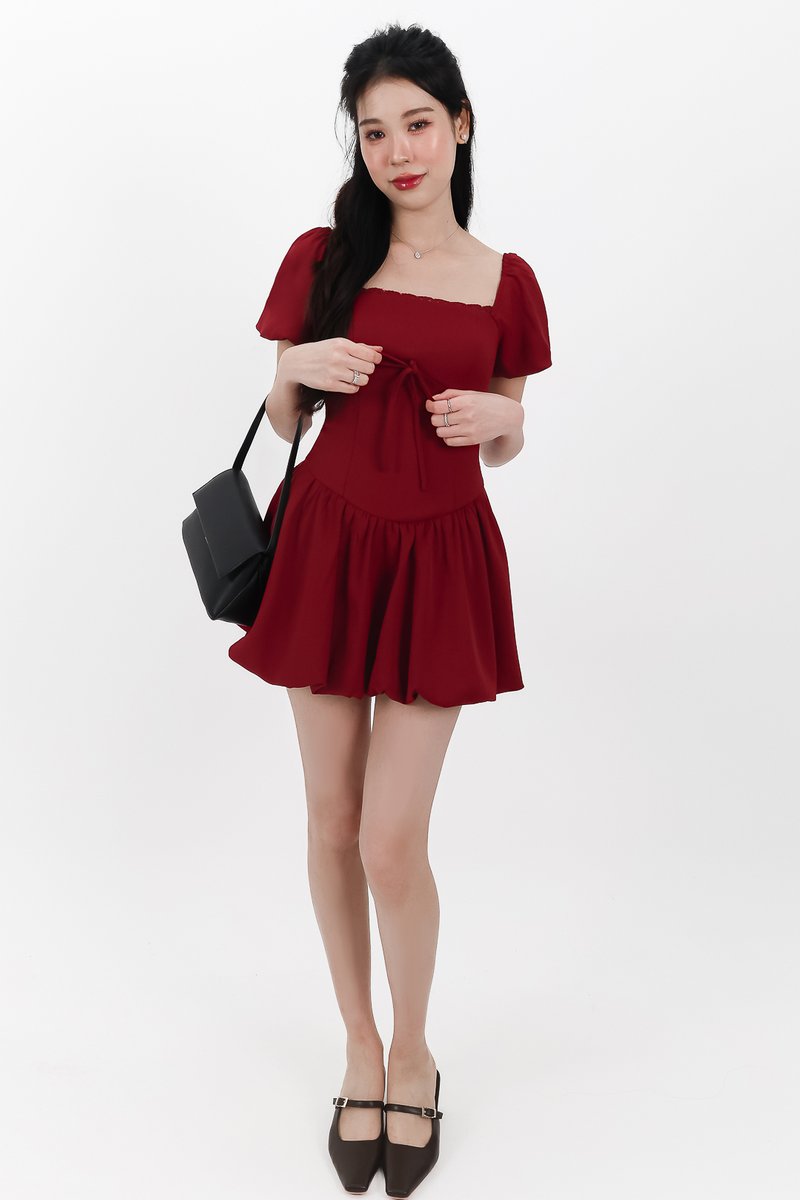 Skyler Sleeved Bubble Romper Dress in Dark Red Skyler Sleeved Bubble Romper Dress in Dark Red