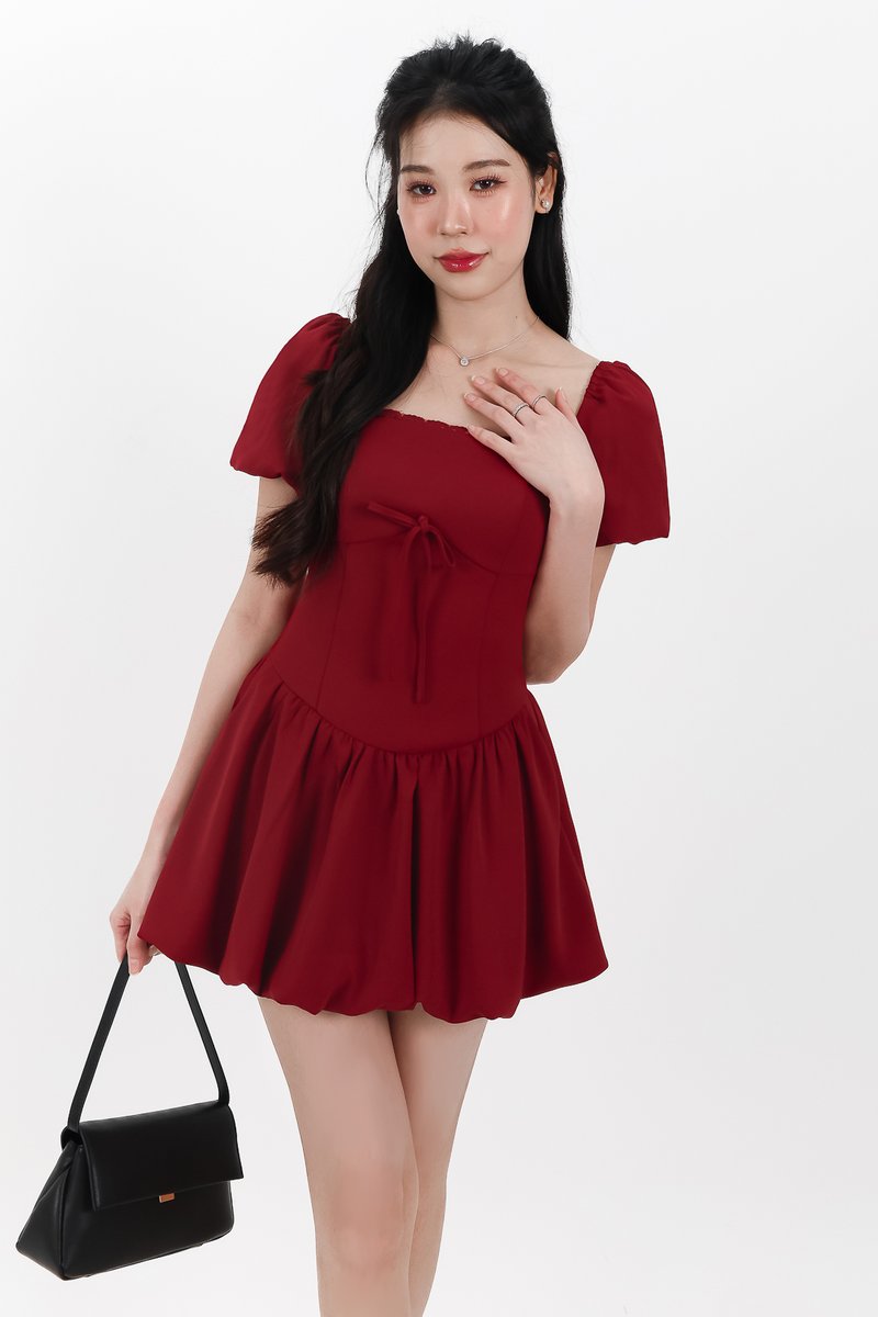 Skyler Sleeved Bubble Romper Dress in Dark Red Skyler Sleeved Bubble Romper Dress in Dark Red