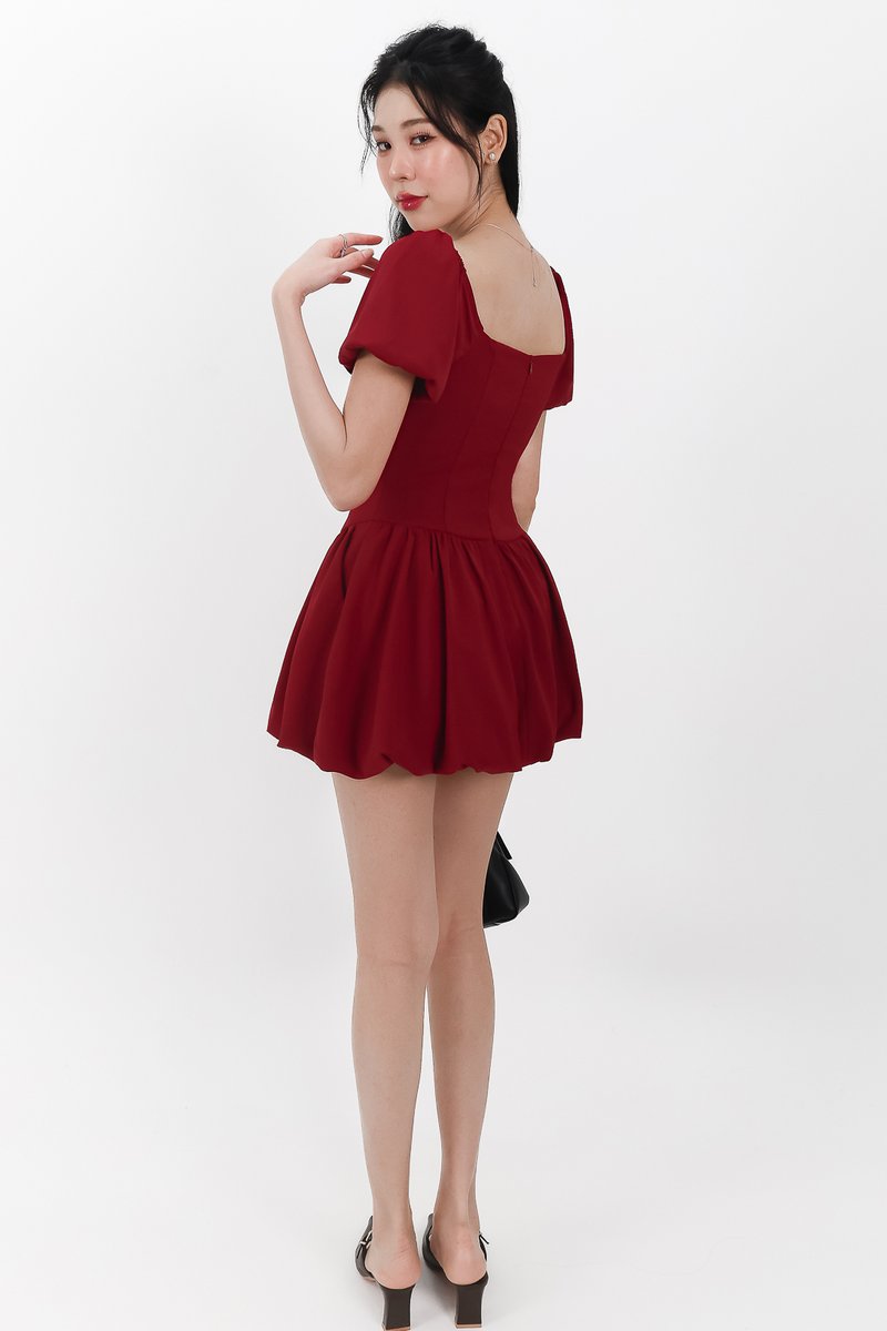 DEFECT | Skyler Sleeved Bubble Romper Dress in Dark Red in XXS