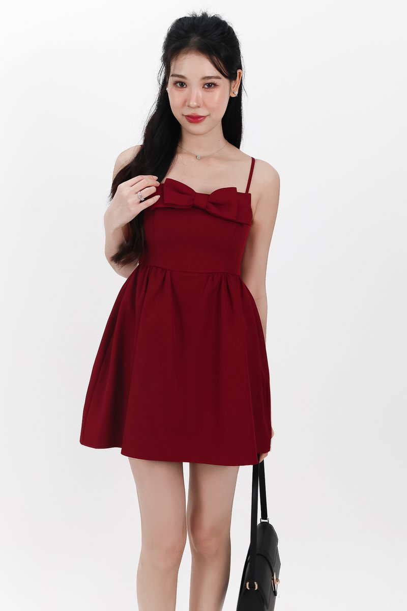 Reiya Ribbon Romper Dress in Dark Red