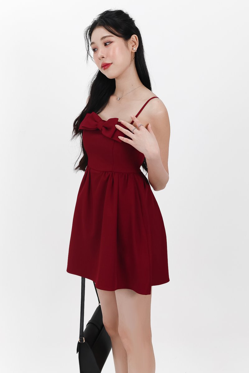 Reiya Ribbon Romper Dress in Dark Red