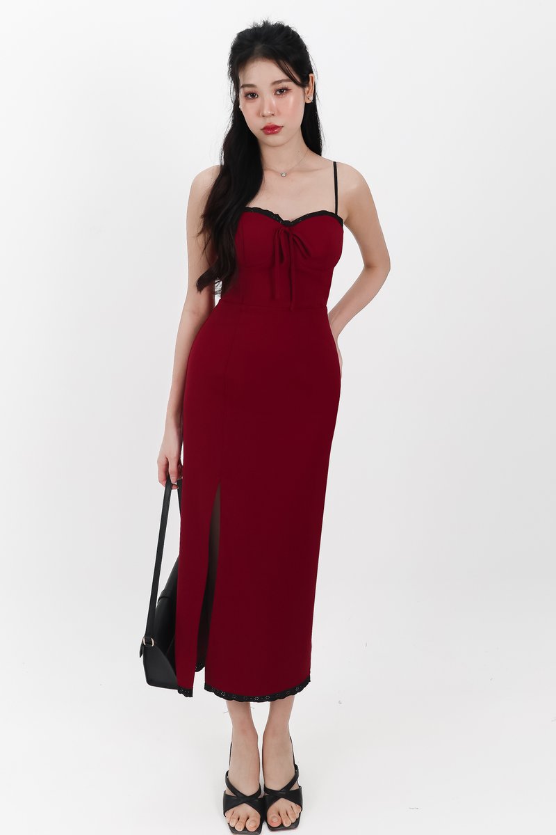 Lilian Lace Trimming Midaxi Dress in Dark Red