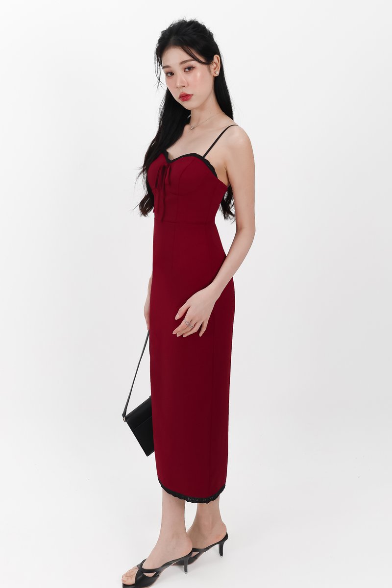Lilian Lace Trimming Midaxi Dress in Dark Red