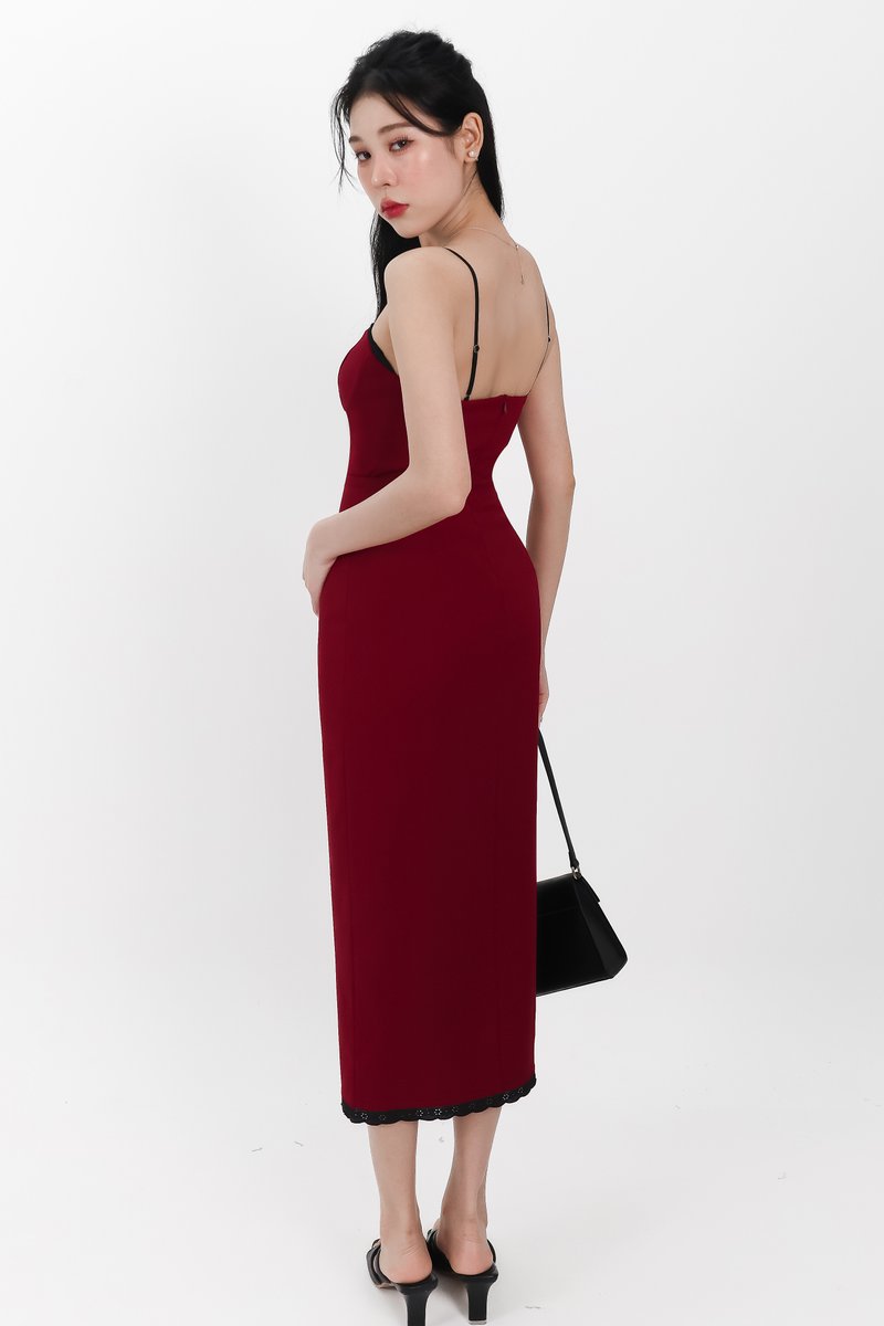 Lilian Lace Trimming Midaxi Dress in Dark Red
