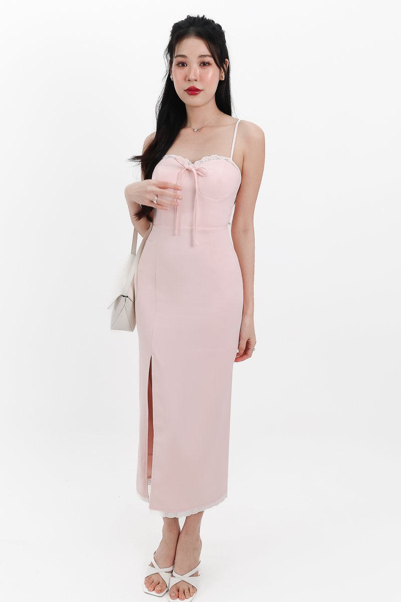 Lilian Lace Trimming Midaxi Dress in Pastel Pink