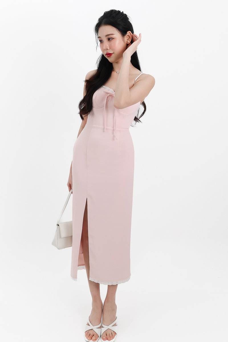Lilian Lace Trimming Midaxi Dress in Pastel Pink