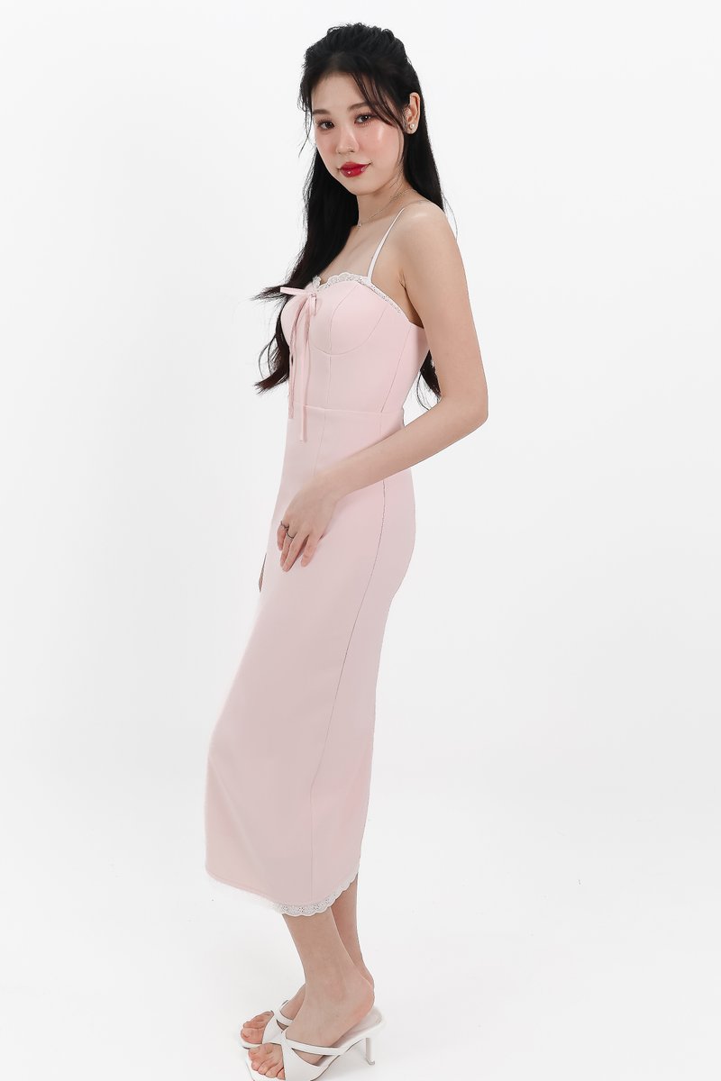 Lilian Lace Trimming Midaxi Dress in Pastel Pink