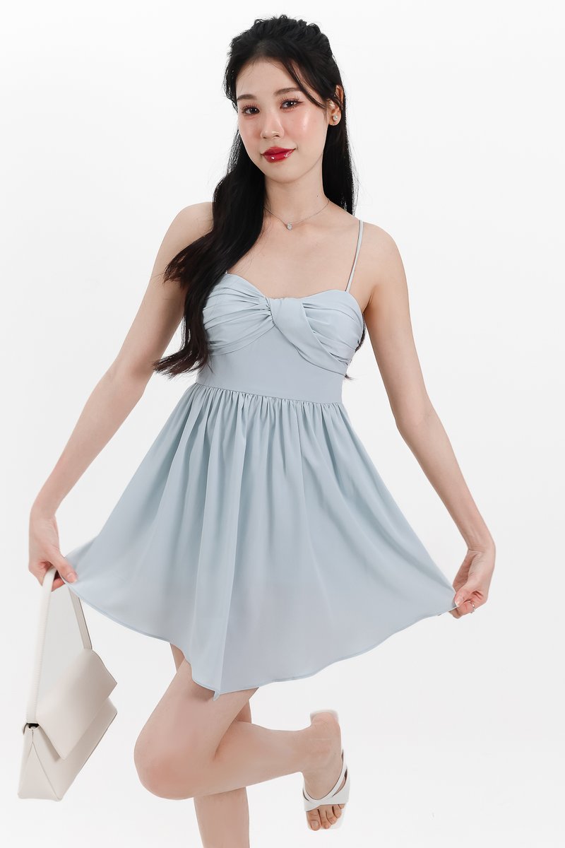 Tennia Twist Knot Romper Dress in Ice Blue