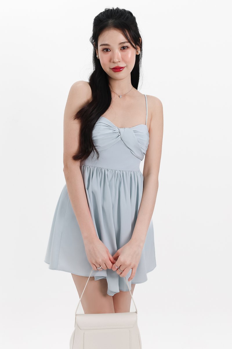Tennia Twist Knot Romper Dress in Ice Blue
