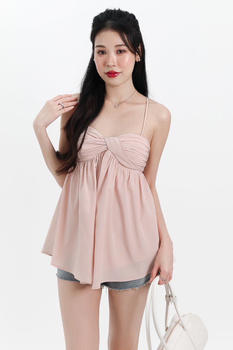 Tenla Twist Knot Cross Back Babydoll Top in Light Pink