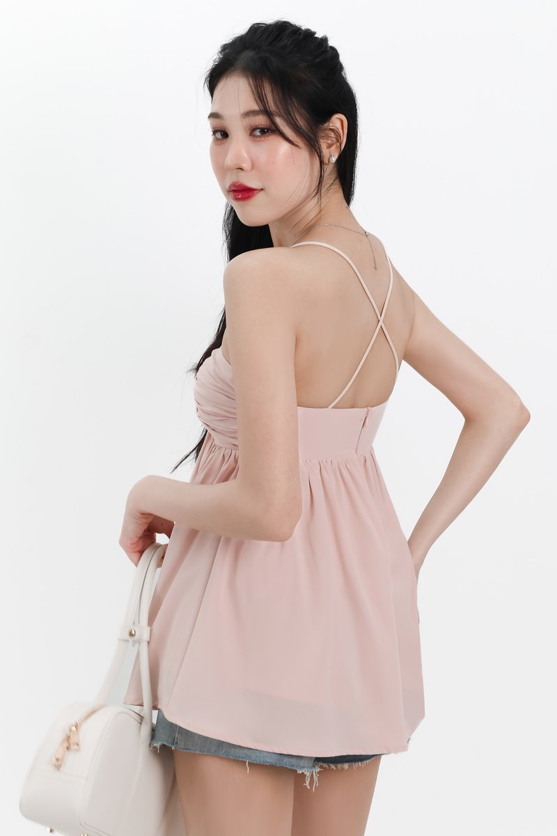 DEFECT | Tenla Twist Knot Cross Back Babydoll Top in Light Pink in S
