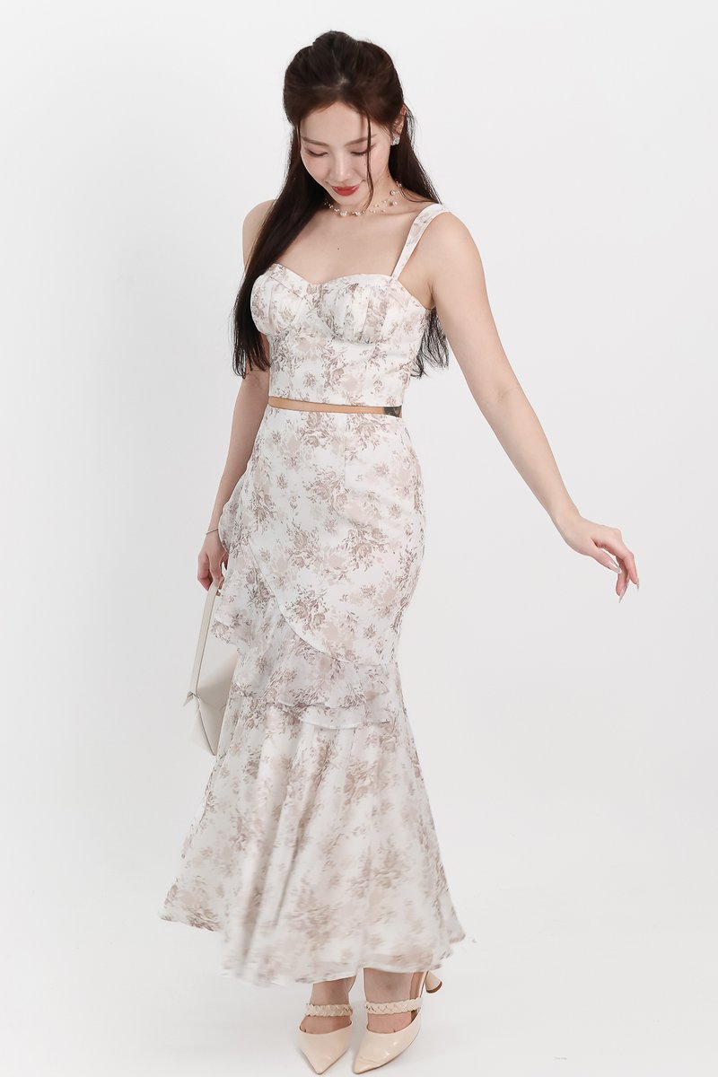 Fauna Floral Printed Co-ord Maxi Skirt in Greige Florals ( Petite Length )