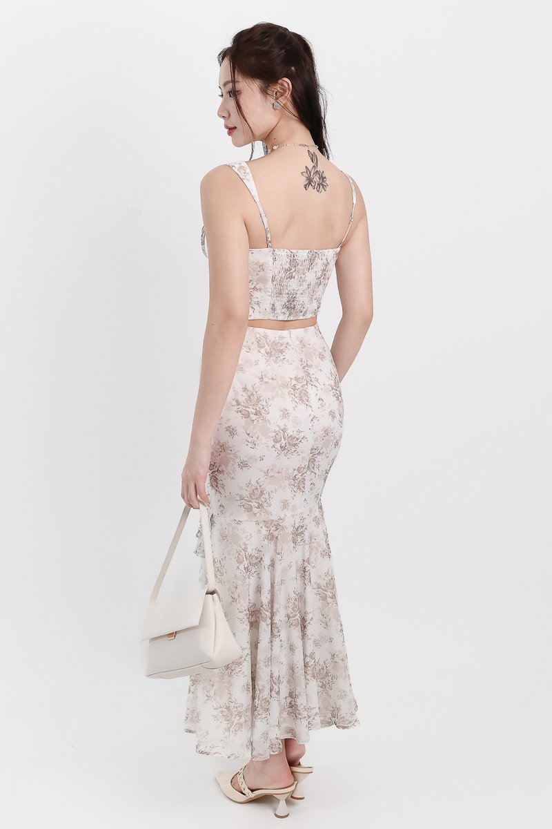 Fauna Floral Printed Co-ord Maxi Skirt in Greige Florals ( Petite Length )