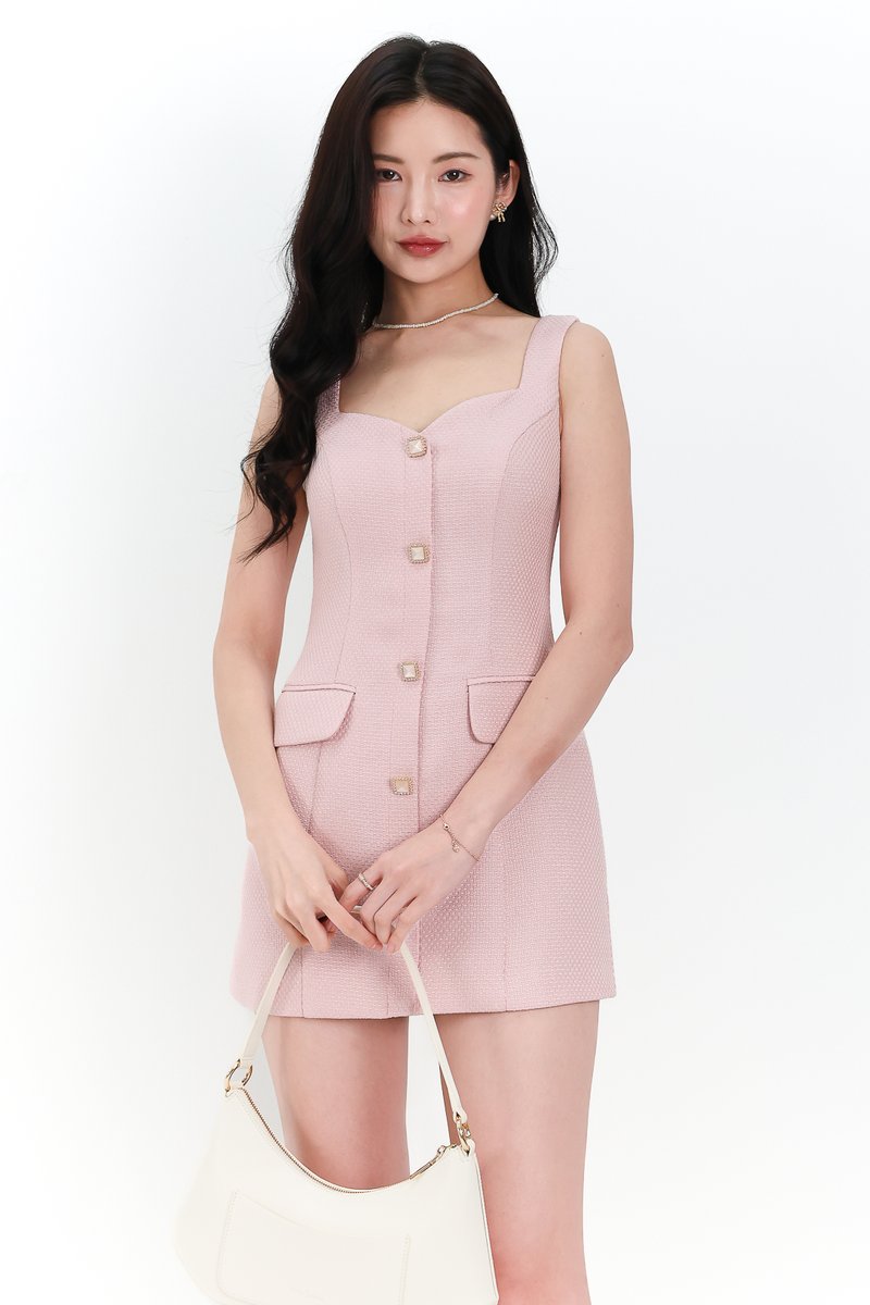 Tearie Tweed Romper Dress in Light Pink