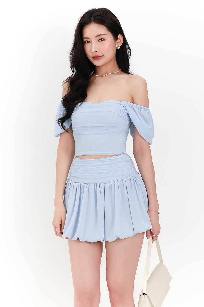 Marcey Mesh Co-ord Sleeved Top in Light Blue