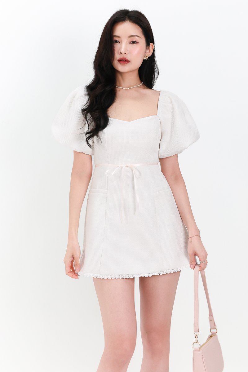 Tia Tweed Sleeved Romper Dress in White Tia Tweed Sleeved Romper Dress in White