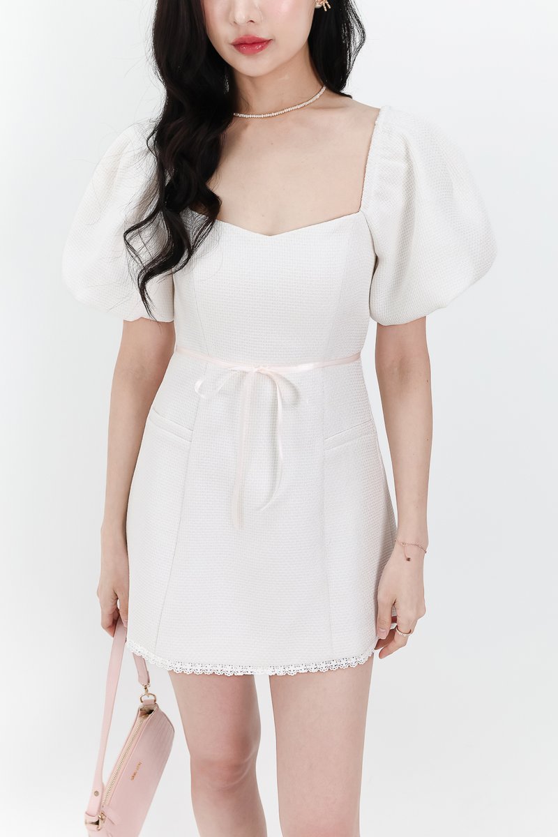 Tia Tweed Sleeved Romper Dress in White Tia Tweed Sleeved Romper Dress in White