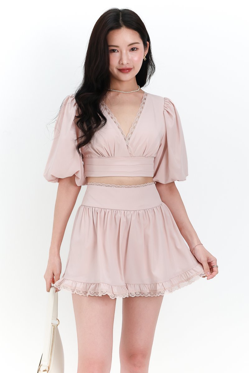 Lene Lace Trimming Co-ord Skorts in Pastel Pink Lene Lace Trimming Co-ord Skorts in Pastel Pink