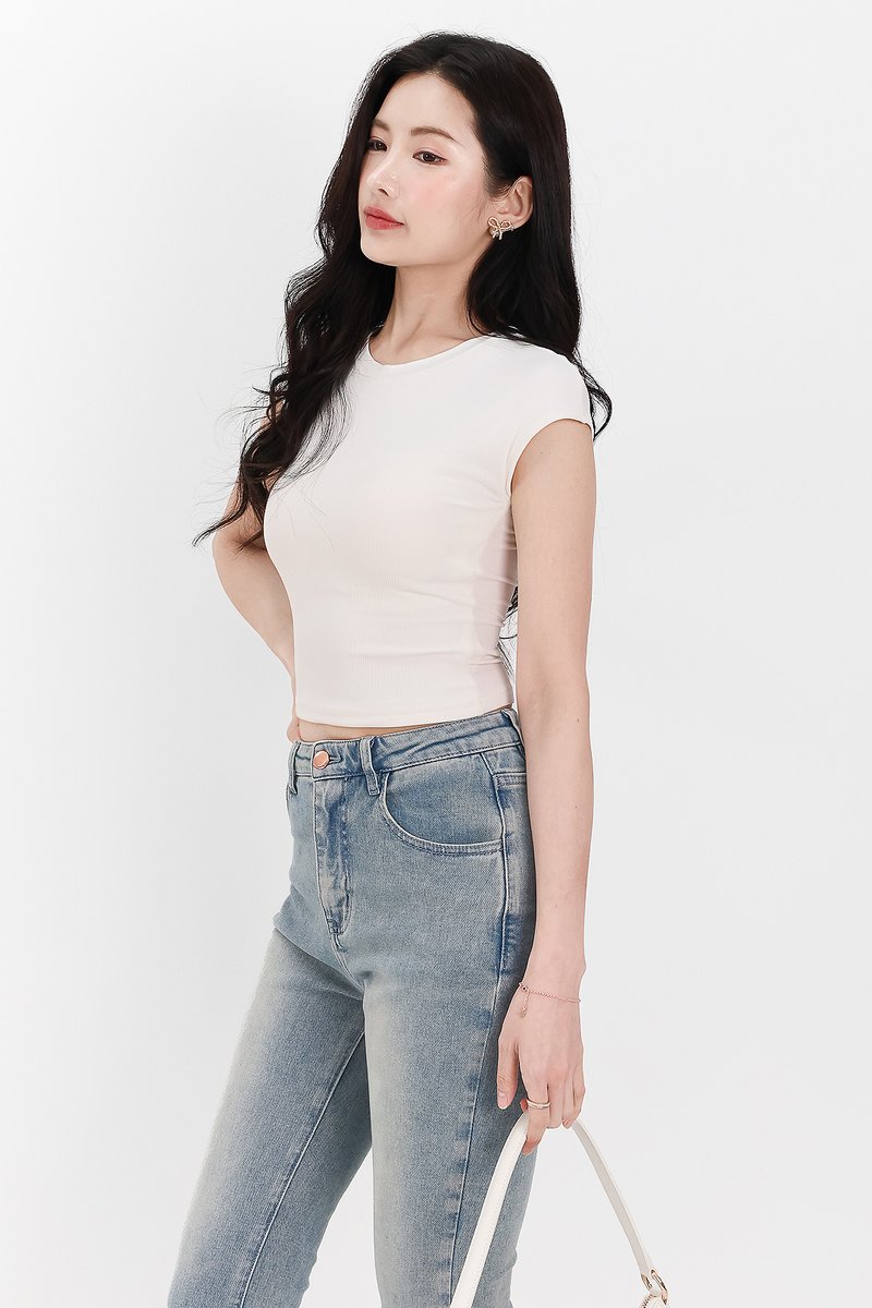 Raine Ribbed Padded Tee in Cream White