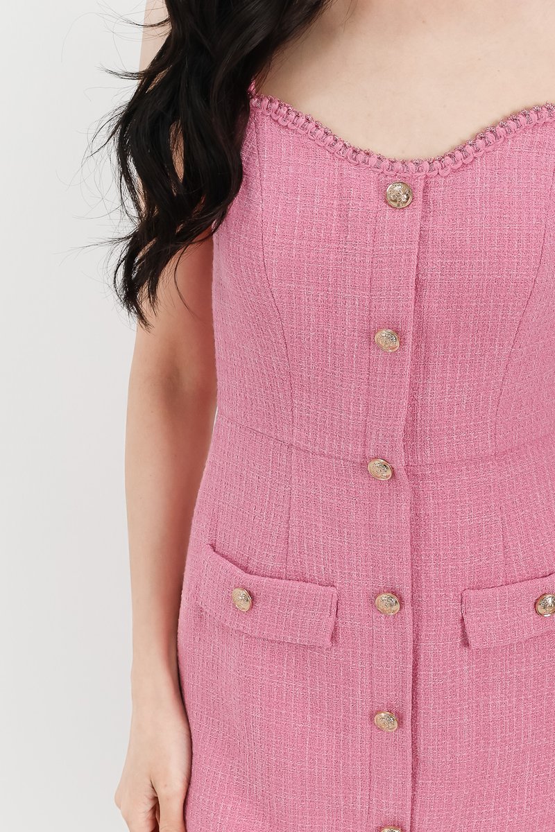 Selene Sweetheart Tweed Romper Dress in Barbie Pink Selene Sweetheart Tweed Romper Dress in Barbie Pink