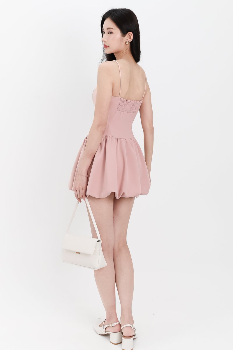 Brenna Bubble Hem Tie Romper Dress in Pink
