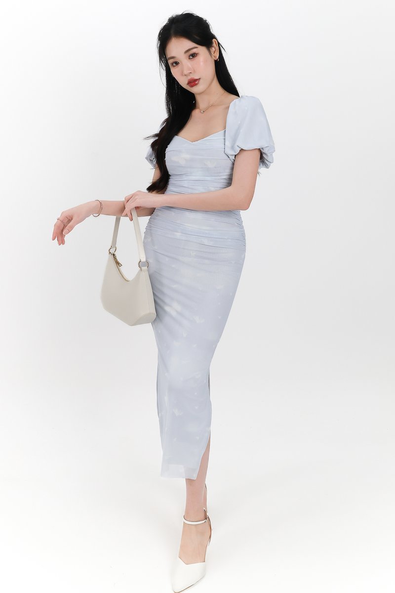 Brina Butterfly Printed Ruched Dress in Light Pastel Blue