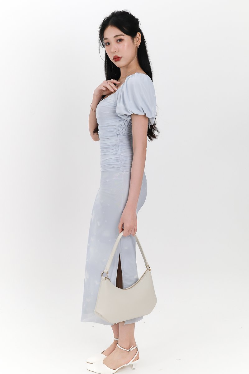 Brina Butterfly Printed Ruched Dress in Light Pastel Blue