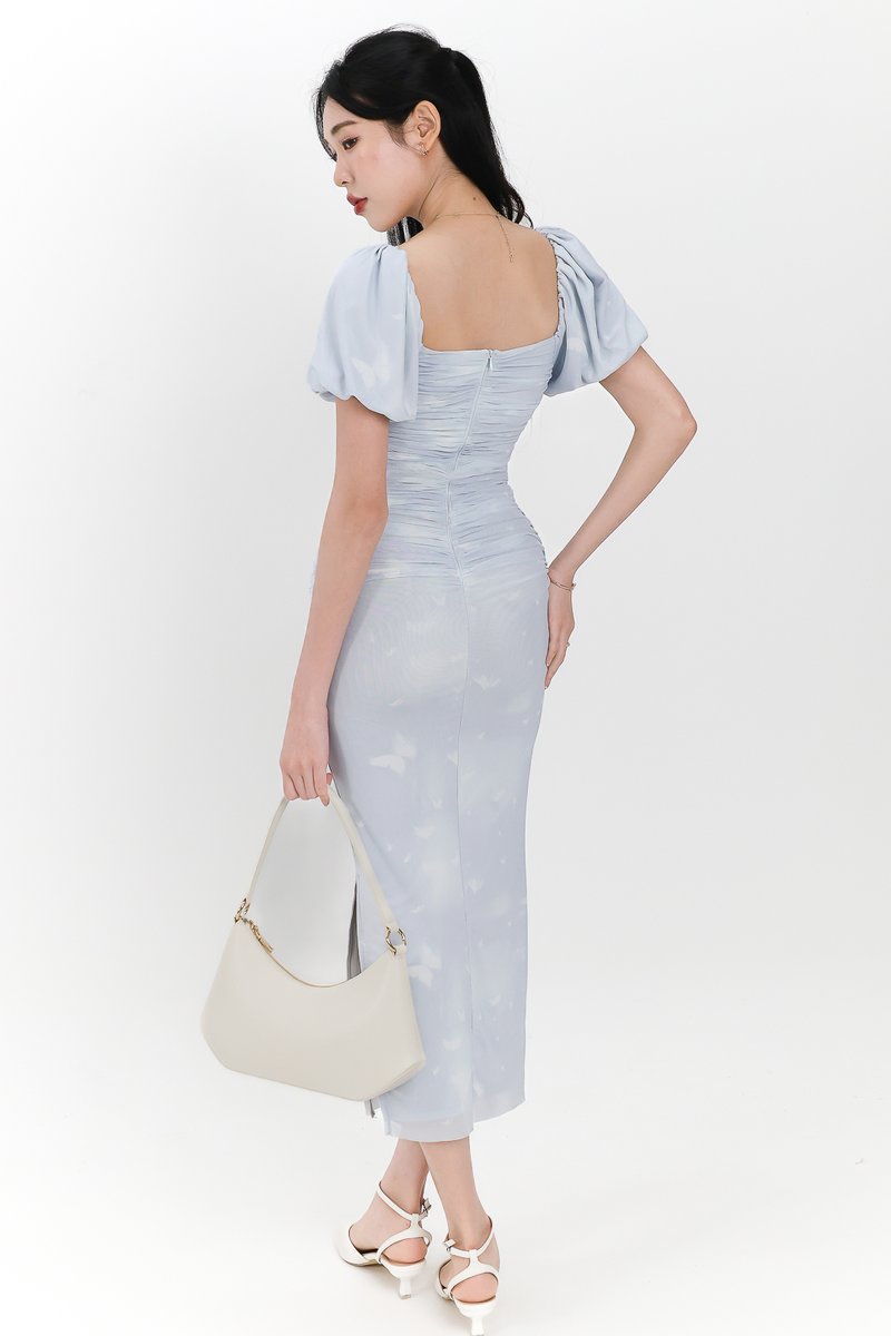 Brina Butterfly Printed Ruched Dress in Light Pastel Blue