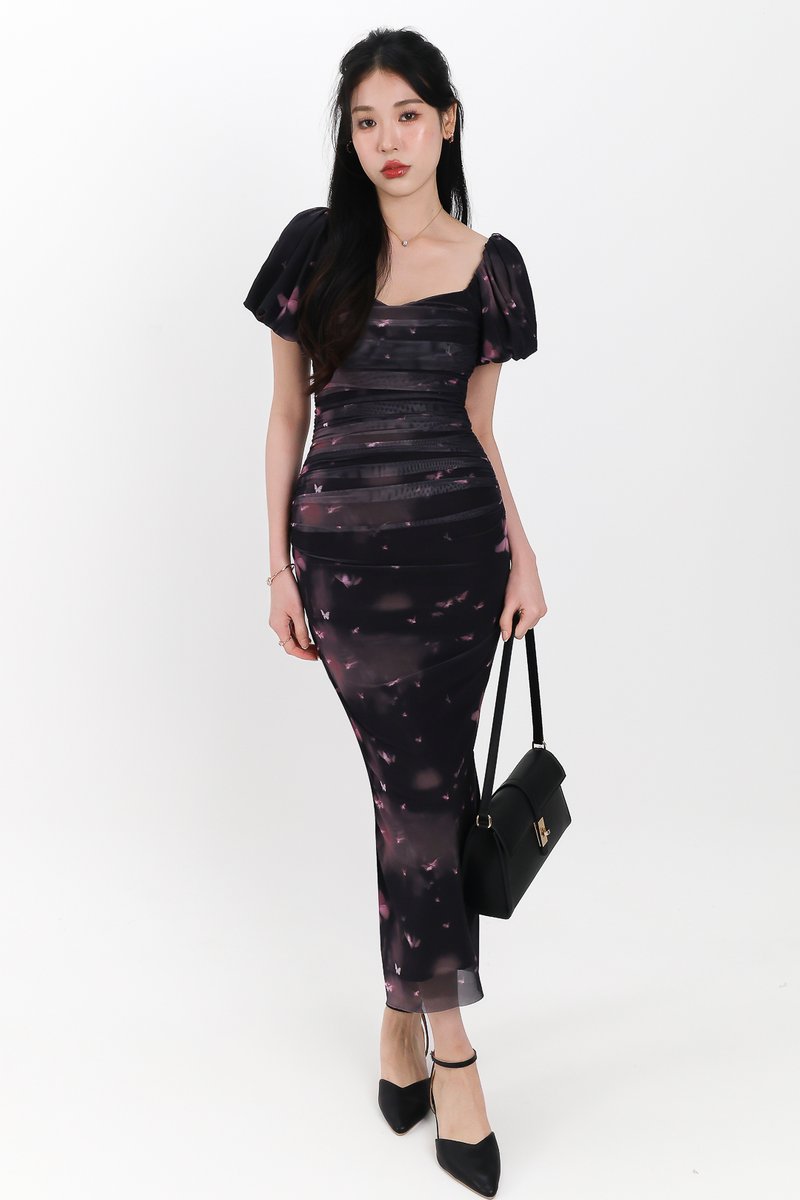 Brina Butterfly Printed Ruched Dress in Black