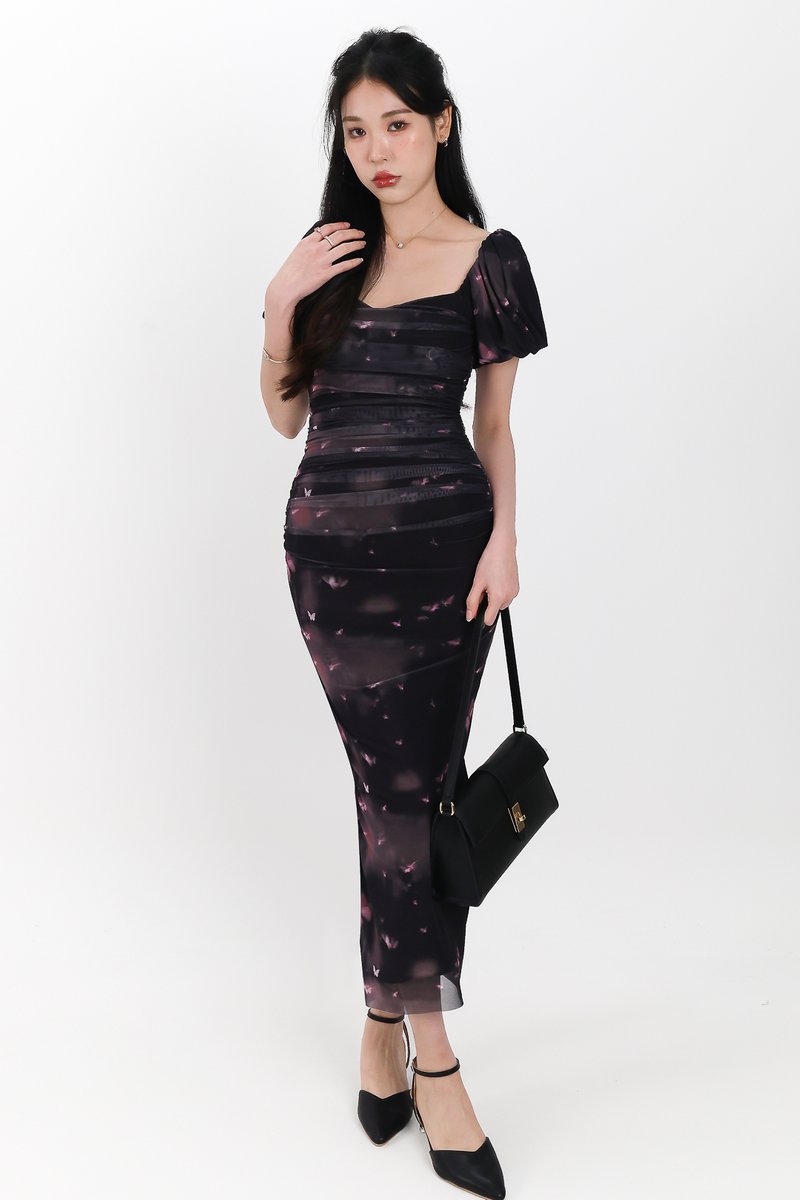 Brina Butterfly Printed Ruched Dress in Black