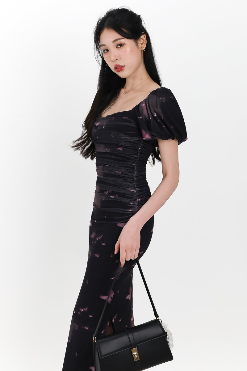 Brina Butterfly Printed Ruched Dress in Black