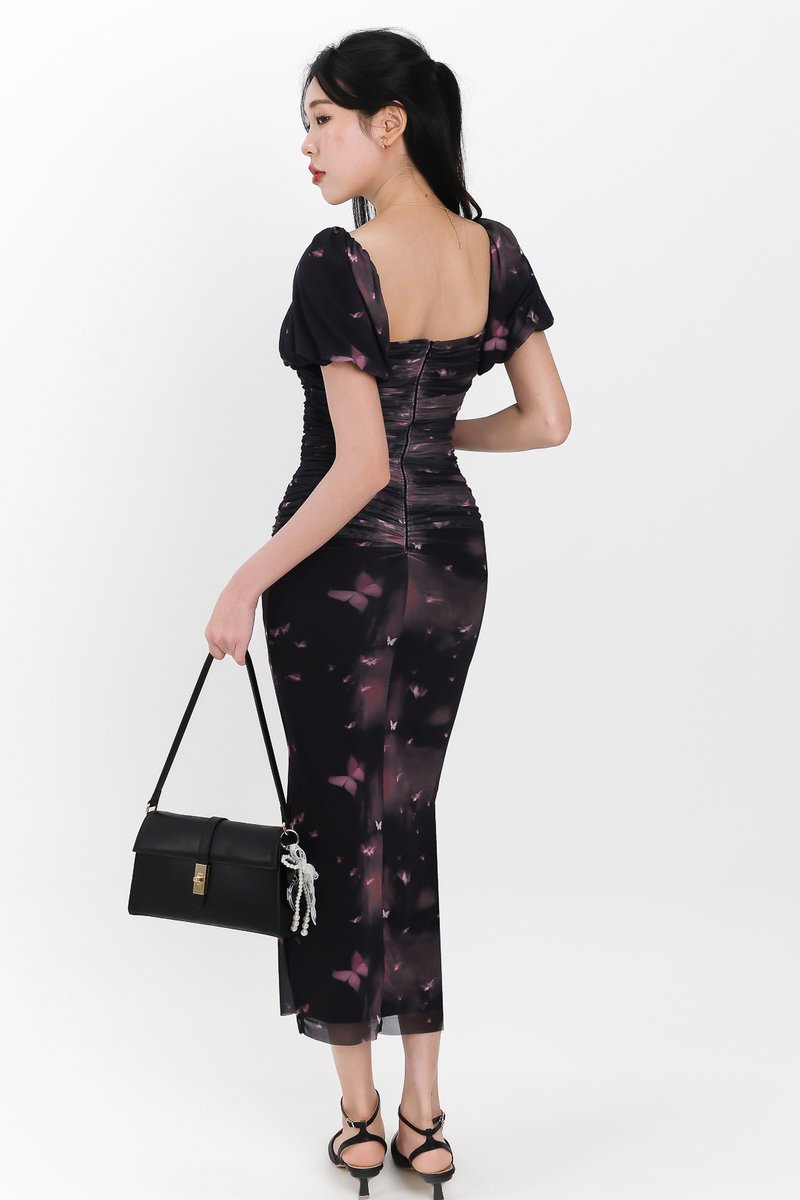 Brina Butterfly Printed Ruched Dress in Black