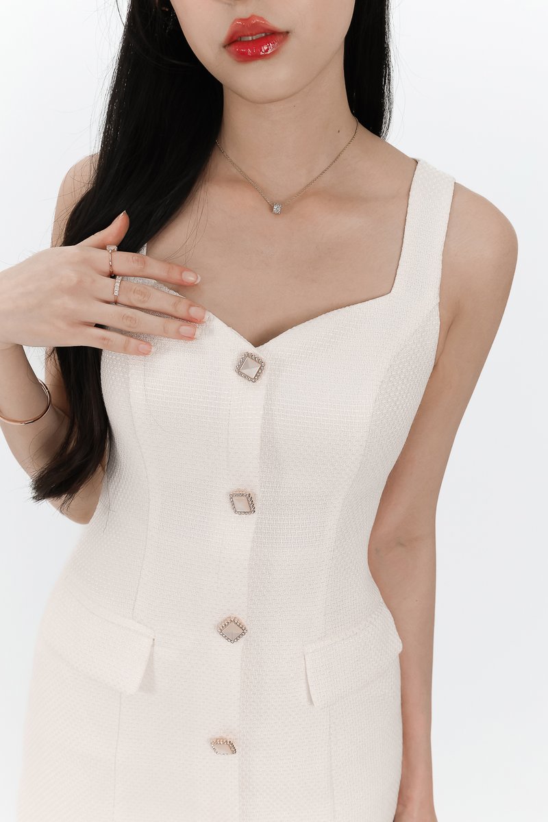 Tearie Tweed Romper Dress in Cream White