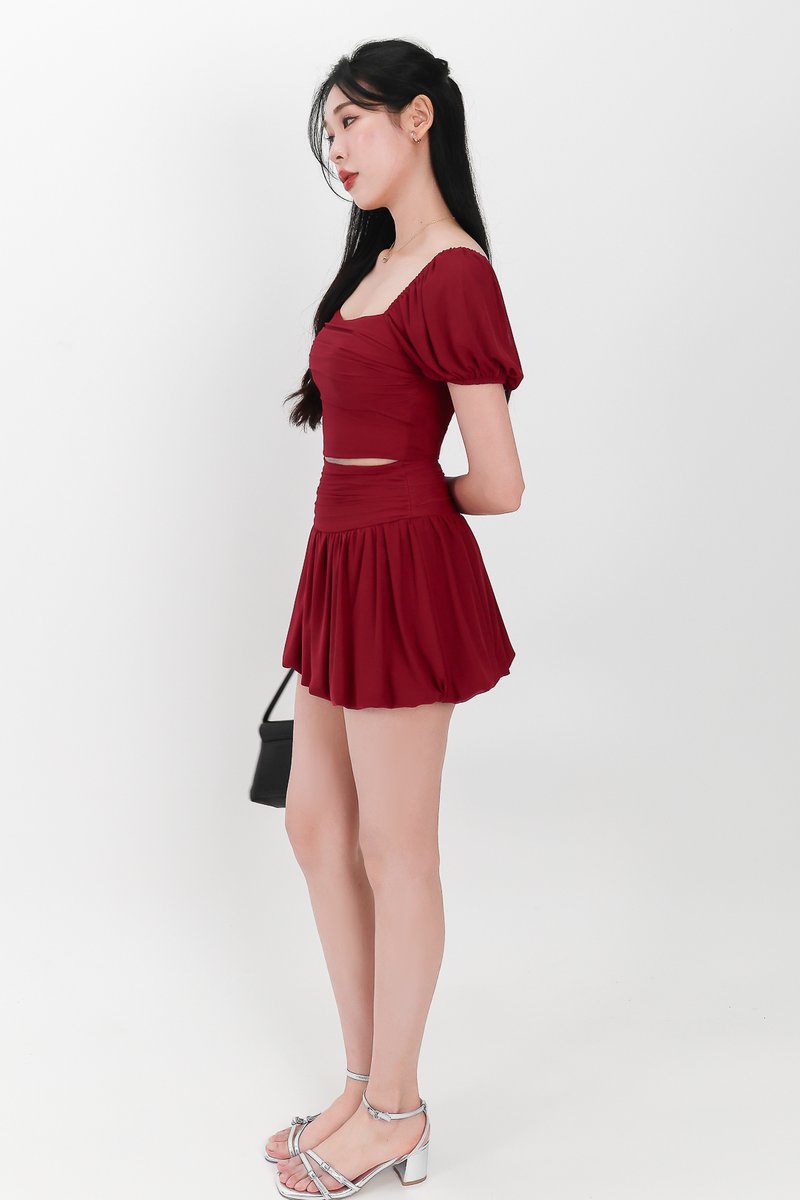 Marcey Mesh Co-ord Bubble Skorts V1 in Dark Red