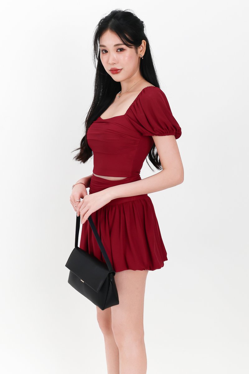 Marcey Mesh Co-ord Sleeved Top in Dark Red