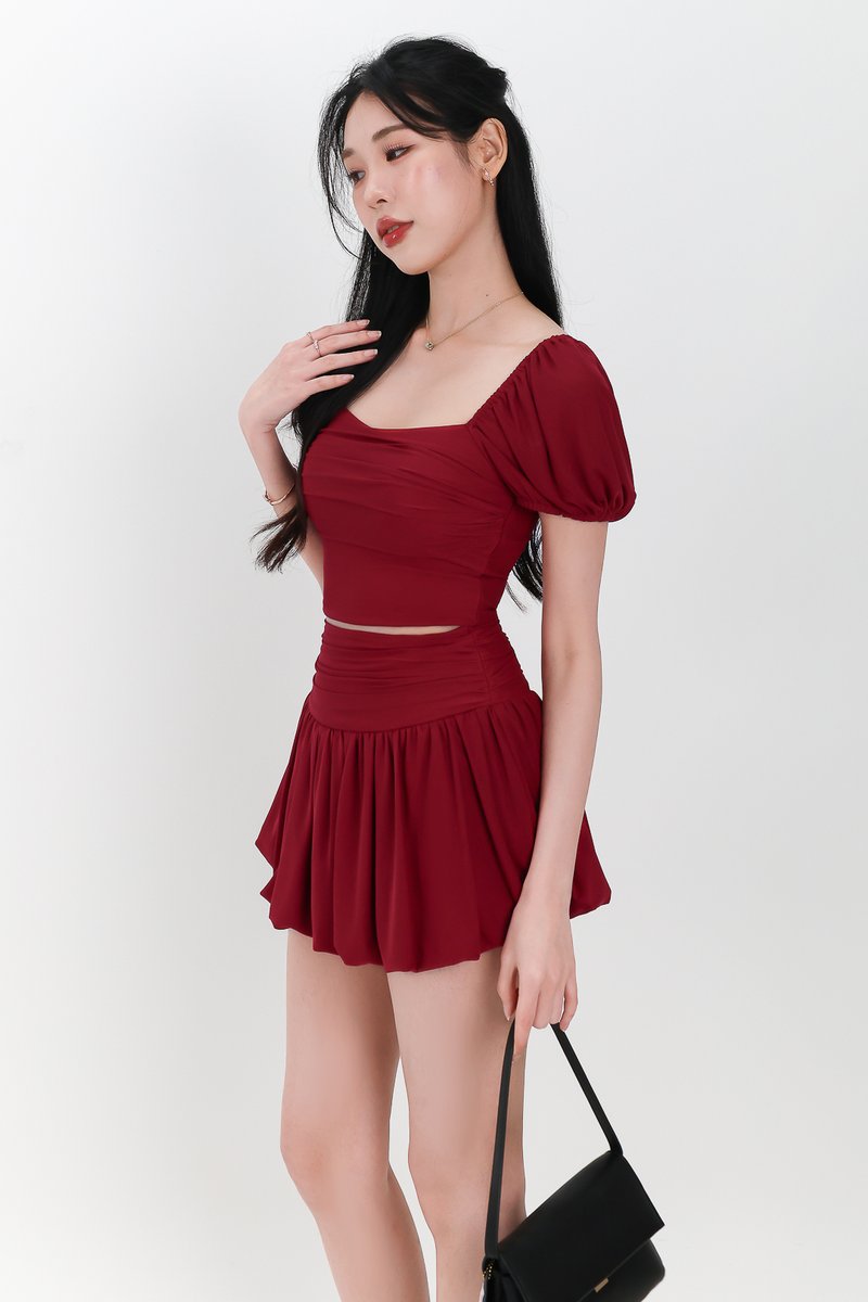 Marcey Mesh Co-ord Bubble Skorts V1 in Dark Red