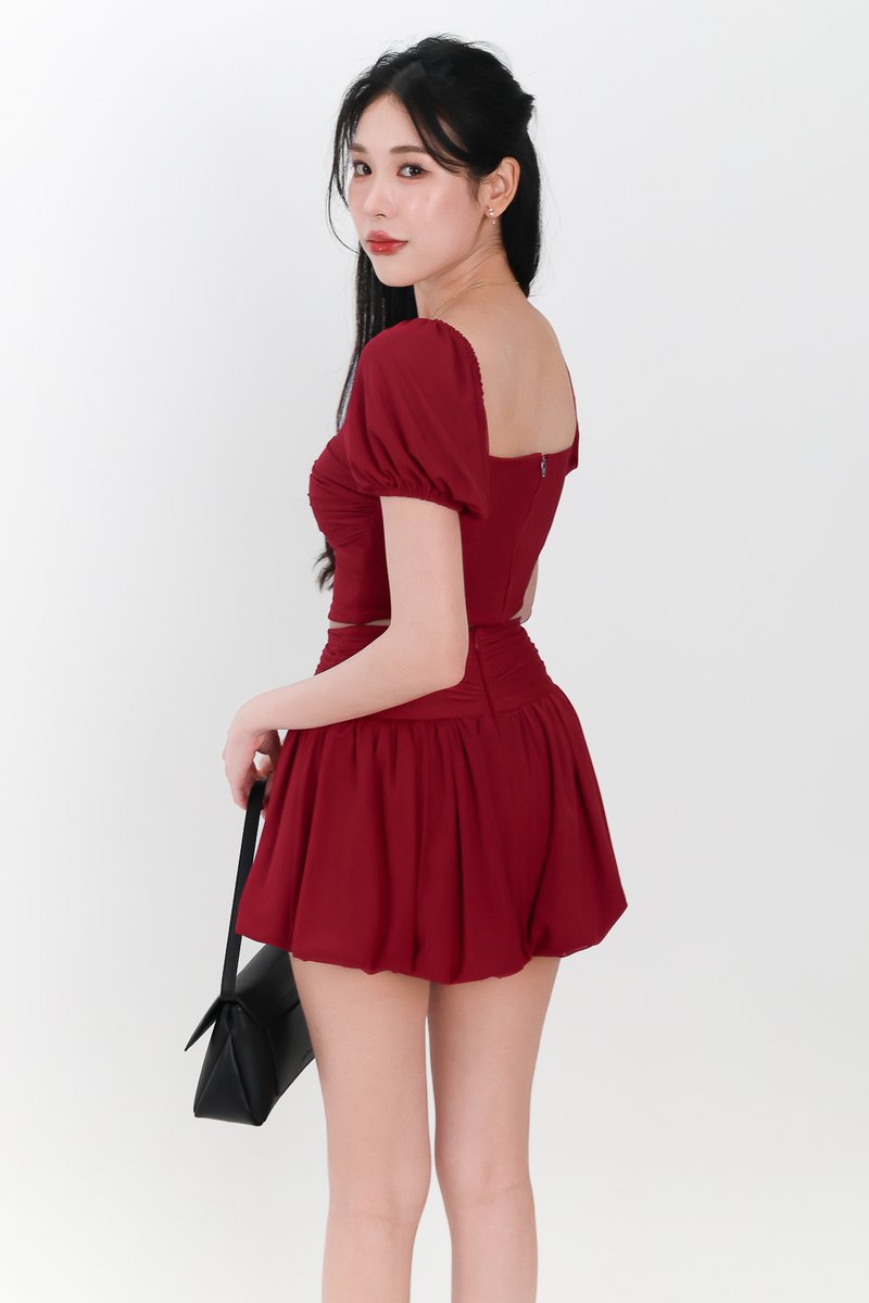 Marcey Mesh Co-ord Sleeved Top in Dark Red