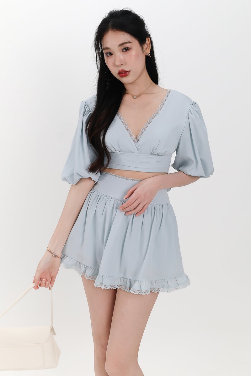 Lene Lace Trimming Co-ord Sleeve Top in Ice Blue Lene Lace Trimming Co-ord Sleeve Top in Ice Blue
