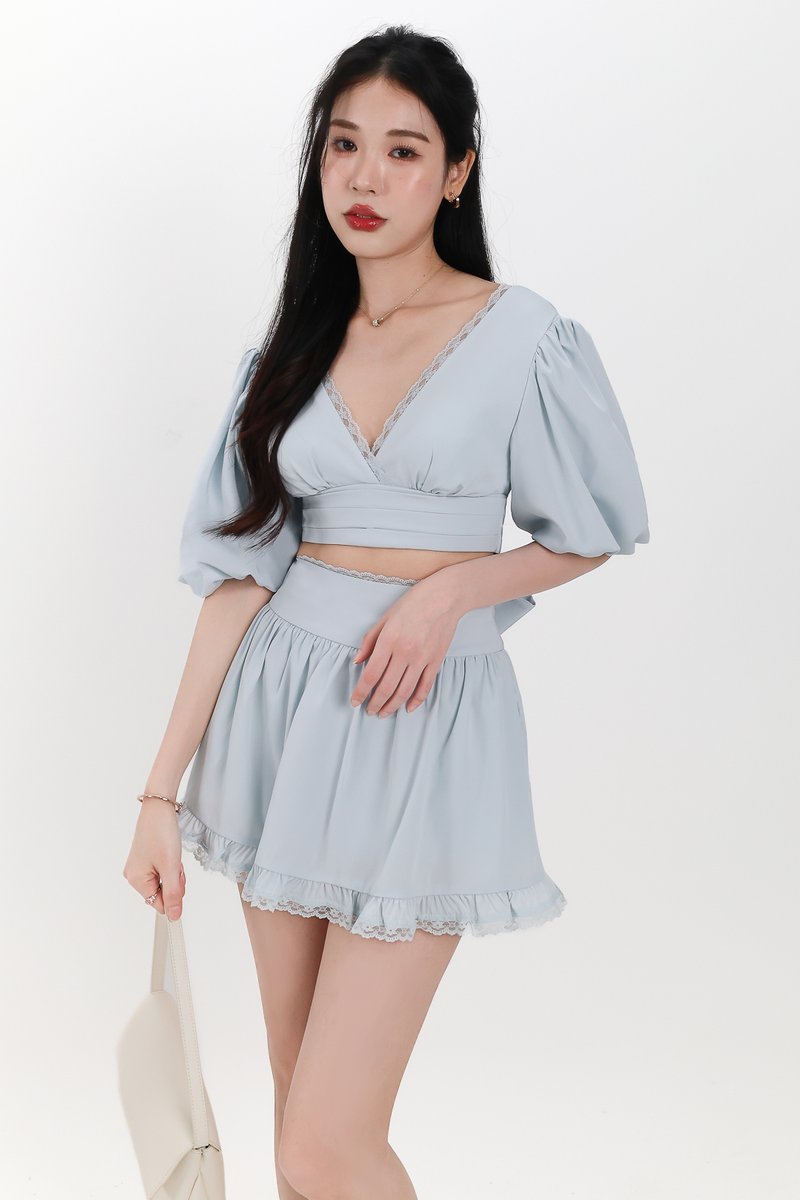 Lene Lace Trimming Co-ord Sleeve Top in Ice Blue Lene Lace Trimming Co-ord Sleeve Top in Ice Blue