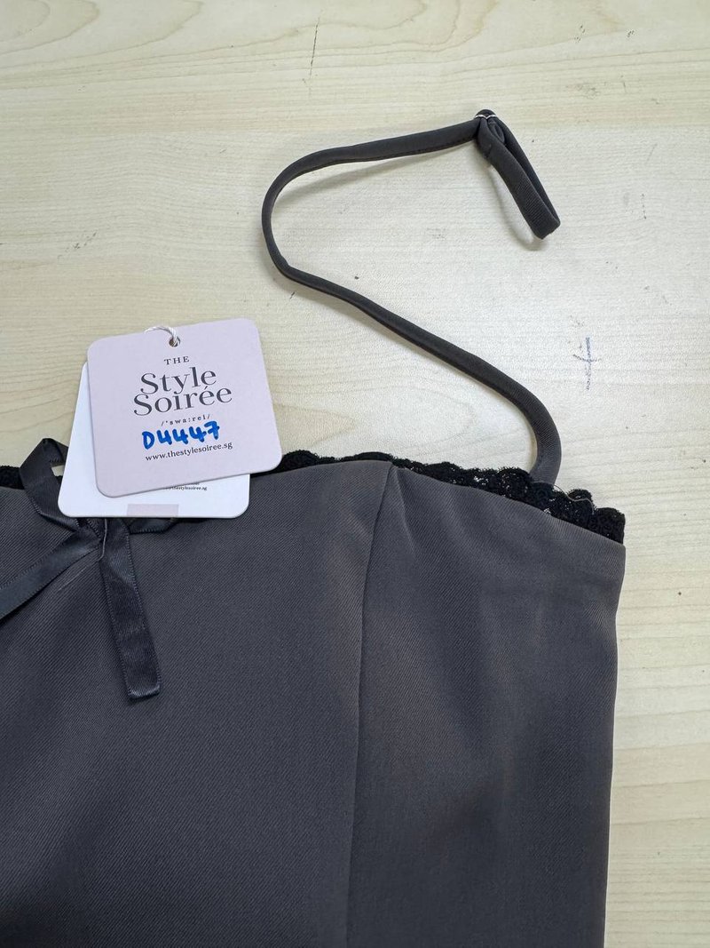 DEFECT | Raegan Ribbon Romper Spag Dress in Dark Grey in XS