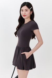 Serla Sleeved Bubble Romper Dress in Dark Grey